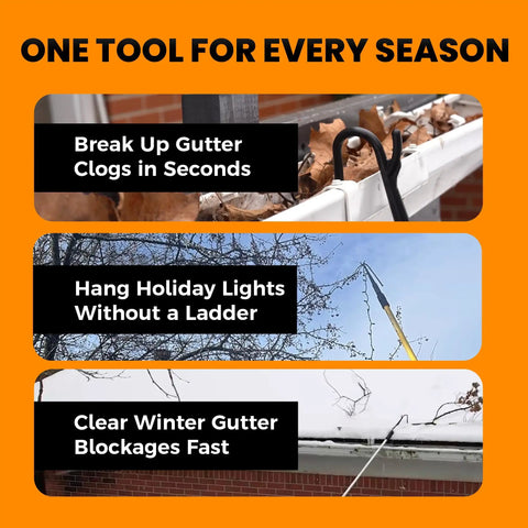 Gutter Cleaning Tool Attachment No Ladder Needed That Unclogs Downspouts From The Ground Flexible Clog Remover in use on gutters.
