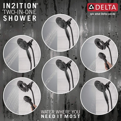 Slick Matte Black Bathtub Shower Faucet Set With 2-In-1 Dual Shower Head And Handheld Spray Combo showing versatile shower functions.