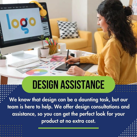 Person sitting at desk using design software on monitor with 'Design Assistance' text overlay.