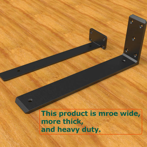 Rock Solid Heavy Duty Shelf Brackets Matte Black Floating L Brackets For Wall Mount Countertops 4 Pack close-up on thick industrial metal supports.