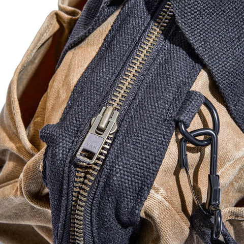 Heavy Duty Waxed Canvas Tool Bag With 11 Pockets, Tan Contractor Gear Organizer detailed close-up of rugged zippered tote