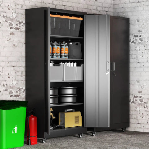 Heavy Duty 73 Inch Metal Storage Cabinet On Wheels With Locking Doors And Four Adjustable Shelves open with items inside