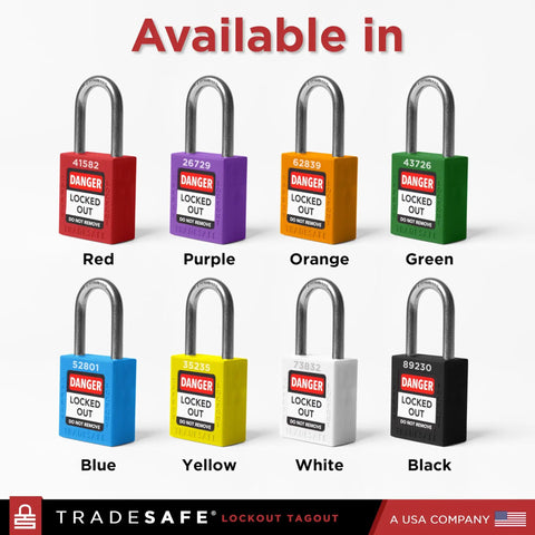 Lockout padlocks in eight colors including red for industrial safety use, displayed with danger labels and USA company branding.
