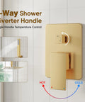 Gold 2-way shower diverter handle on tile wall with single handle temperature control, showing hot and cold flow directions
