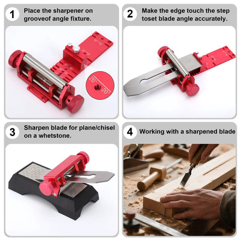 Straight Up Tough Metal Chisel Sharpening Jig And Honing Guide For Woodworking Blades 0.1 To 2.8 Inches in use at 20-degree angle.