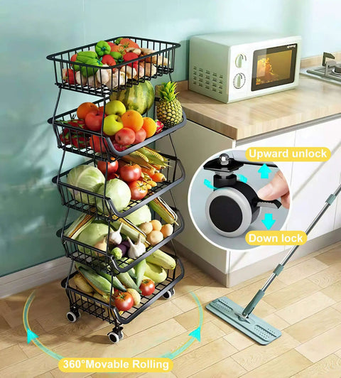 Five Tier Built Tough Metal Wire Rolling Cart Stackable Produce Basket With Smooth Gliding Casters Rust Resistant Black Finish Maximum Airflow Holds Up To 180 Pounds Quick Swap Trays For Kitchen Pantry Closet with fruits and vegetables.