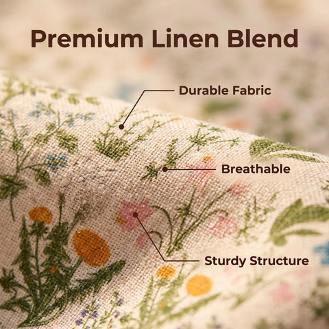 Close-up of premium linen blend fabric with wild floral pattern highlighting durable, breathable, and sturdy features for Six Piece Wild Floral Fabric Storage Cubes With Handles Solid Collapsible Bins For Cube Shelves Top Tier Closet Organizers Fresh Floral Vibes To Toss Gear And Stay Chill.