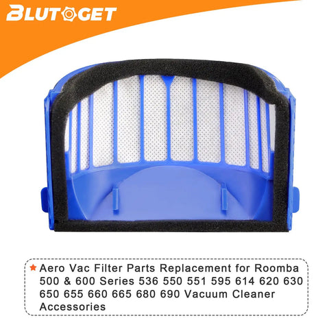 Close-up of single blue Aero Vac filter for Roomba 500 and 600 series, shown vertically against white background, with text overlay.