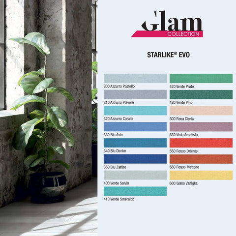 Starlike EVO color palette including Blue Denim 340, displayed next to indoor plant in a sunlit room.