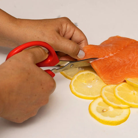 Unlimited Kitchen Scissors All Purpose Kitchen Shears With Comfortable Red Handles, Heavy Duty Stainless Steel Blades For Kitchen Tasks, Craft Cutting, Food Prep And More cutting salmon and lemons