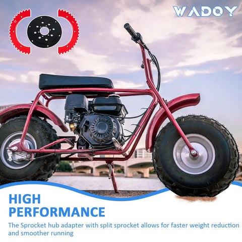 Universal 42 Tooth Aluminum Split Sprocket With Rear Drive Hub Adapter for 212cc and 196cc Mini Bikes, shown on a red bike