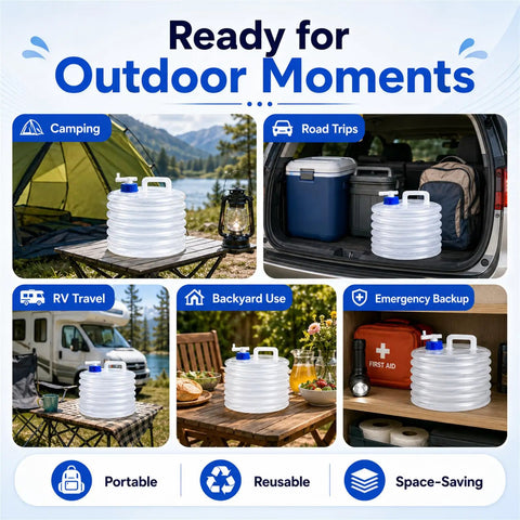 Collage of Grab-and-Go Foldable Water Container With Spigot For Camping And Travel shown in various outdoor and emergency settings.