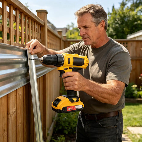 Man using Heavy Duty Cordless Drill Kicking Serious Torque For Woodworking And Diy Projects Quick Change Chuck on metal sheet.