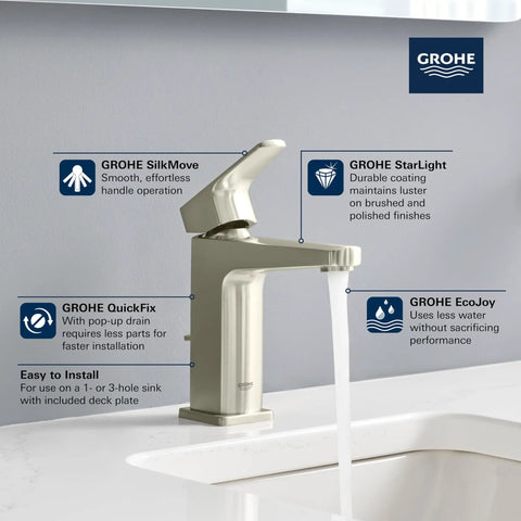 Tallinn Single Hole Bathroom Faucet With Single Handle In Chrome 1.2 GPM Drip Free Ceramic Disc Valve Durable Metal Spout And Lever Easy Deck Plate Install For 1 Or 3 Hole Sinks, shown with smooth handle operation, chrome finish, and water running