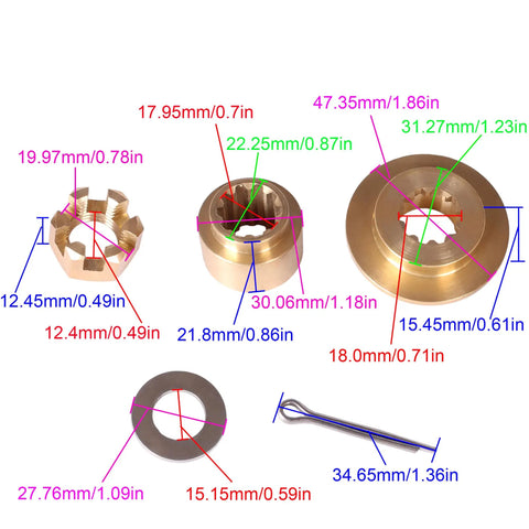 Stopper Propeller Bush Thrust Washer Kit With Spacers And Prop Nut Hardware For Suzuki 25HP 30HP DF25 DF30 And Evinrude Johnson Outboards 3 Inch Gearcase visible with measurements