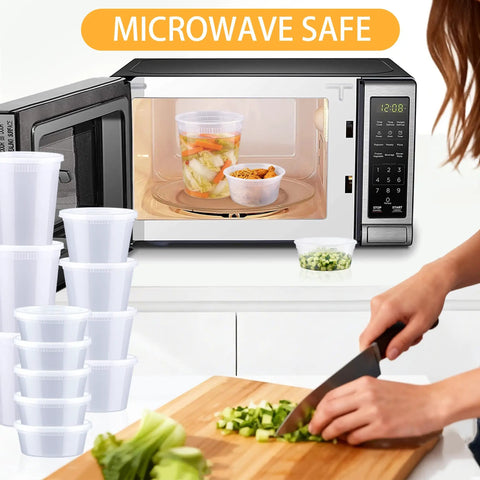 60 Count Deli Containers With Lids For Grab And Go Meals, 32 Oz 16 Oz 8 Oz Sets, displayed by a microwave with food inside