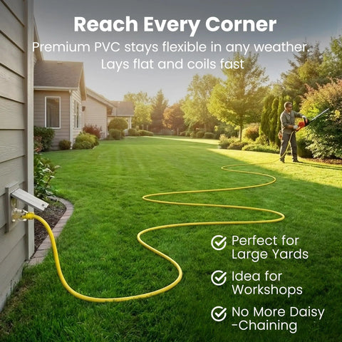 100 Ft Outdoor Extension Cord 14 Gauge 3 Conductor SJTW Beefy Heavy Duty 3 Prong Power Cable in yellow on lawn
