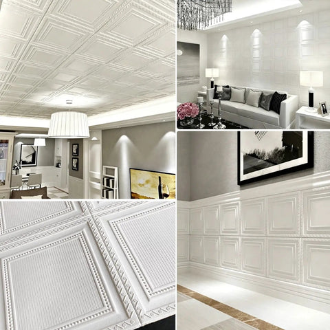 Top Shelf 3D Peel And Stick Ceiling Tiles 30 Pieces Soft PVC Foam Panels With Self Adhesive Backing For Acoustic Wall Decor And Zero Drama Room Updates. Installed ceiling view in modern living room.