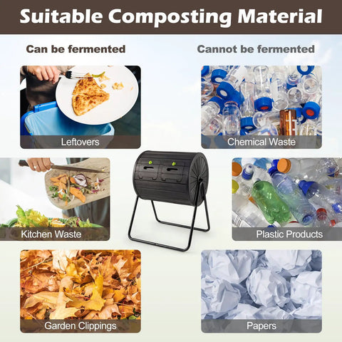 37.5 Gallon Dual Chamber Compost Bin With 360 Degree Tumbling And Dual Lockable Doors For Easy Outdoor Garden Composting suitable materials chart