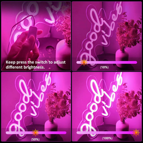 Good Vibes Pink Neon Sign With Dimmable USB Power Ultra Bright LED Wall Light in different brightness settings