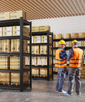 Warehouse with Set of 2 71 Inch Heavy Duty Garage Shelving Units, 5 Tier Adjustable Steel Shelves, workers in safety vests