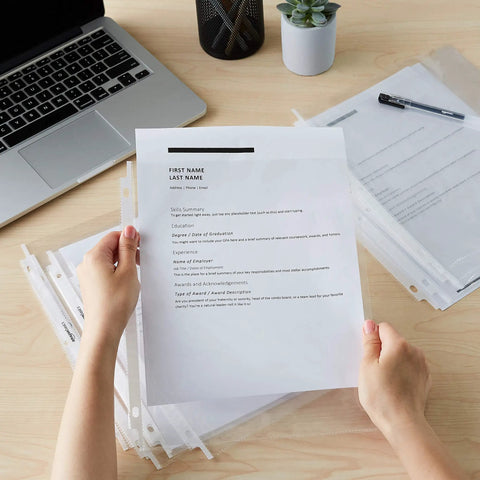 Pro Grade Sheet Protectors For 3 Ring Binder Featuring Slick Top Load Design Acid Free Clear Plastic Covers Letter Size 8 By 11 Inches Engineered For Heavy Paperwork And Daily Grind 100 Pack holding resume sheets.