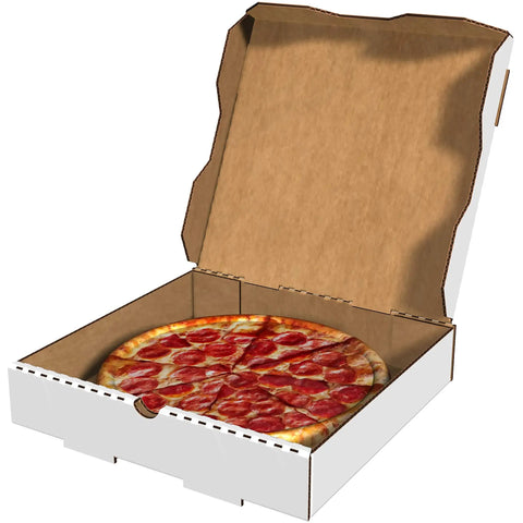 Top Shelf Slick Corrugated Pizza Boxes Built Tough Heavy Duty Takeout Containers with pepperoni pizza in open box.