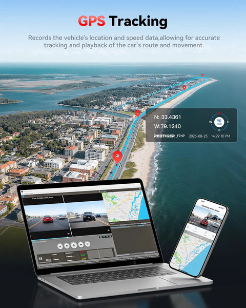 4K Front And Rear Dash Cam With Starvis 2 Sensor GPS WiFi tracking interface on laptop and phone over coastal road map