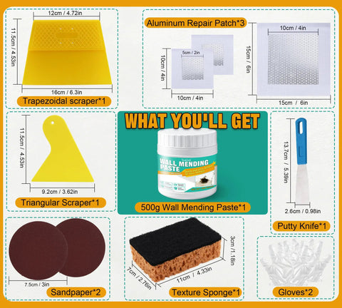 Premium Drywall Repair Kit With Fast Drying Spackle Paste includes scrapers, sandpaper, gloves, and wall mending paste in 500g.