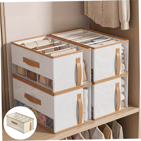 Fabric Drawer Organizers 4 Pack With Ventilation Mesh And Five Grid Layouts To Keep Your Knitwear And Casual Threads From Getting Bunched Up And Staying Smooth In Beige stacked in closet, displaying organized garments and bags.