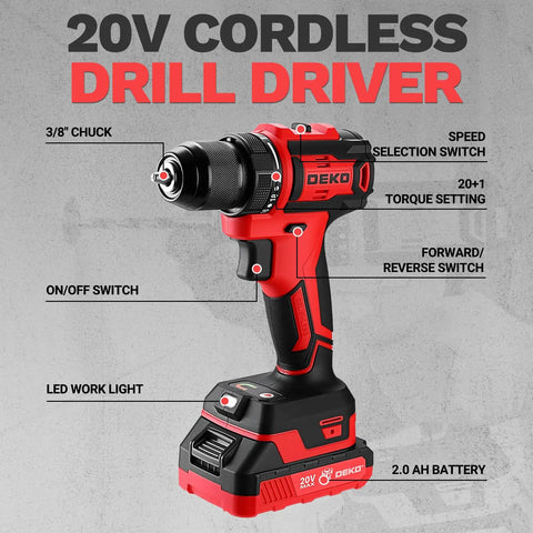 Heavy Duty Workhorse Cordless Drill And Impact Driver Duo With 20V Brushless Motor, showing a 20V cordless drill with speed settings.