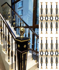 Rock Solid Modern Square Metal Balusters For Glass Railing With No Stress Floor Mount Brackets Heavy Duty Aluminum Spindles Complete Deck Stairway Guardrail Kit Top Shelf Modern Design stairway with gold and black balusters.