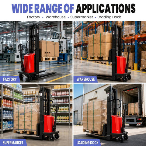 Serious 3300 Lb Warehouse Pallet Stacker With 95 Inch Lift Height, Powerful 1.6KW Motor And Smooth Walkie Operation For Busy Forklift Jobs in factory, warehouse, supermarket, loading dock.