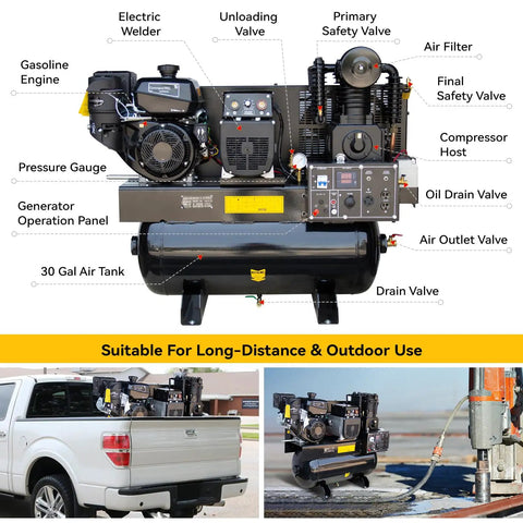 Get This Badass 3-in-1 MutsMover Gas Powered Air Compressor Generator And Welder, showing gasoline engine and 30-gallon air tank.