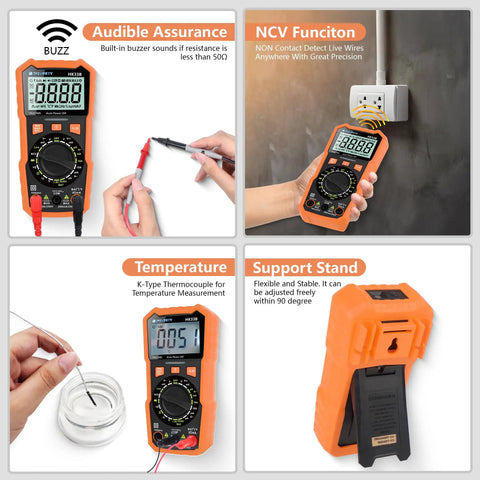 All In One Digital Multimeter 2000 Count Display measuring continuity, NCV testing, temperature, with support stand