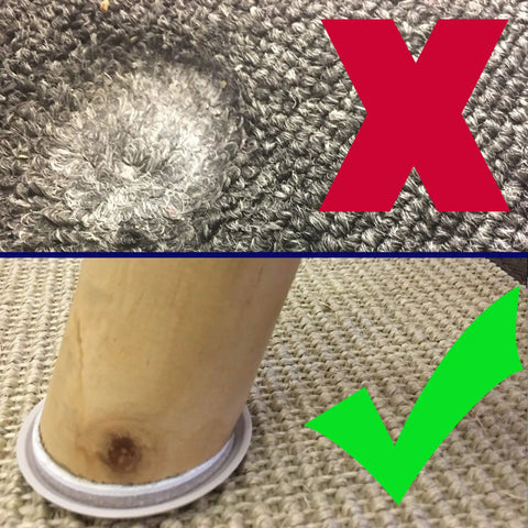 Comparison of carpet damage without and with Self Adhesive Furniture Sliders For Carpet, 40 Pack Moving Pads under furniture leg.