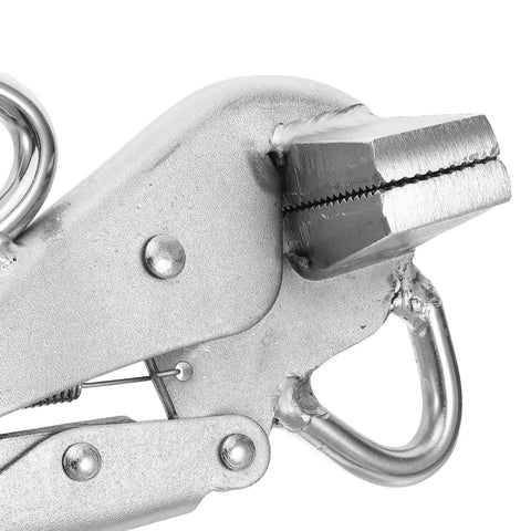 Auto Body Frame Pulling Clamp with Extra Wide Duckbill Jaw close-up, showing serrated jaws for sheet metal welding and crimping