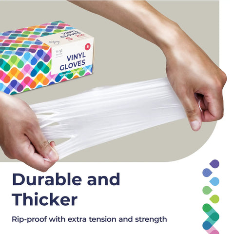 Ambidextrous 200 Pack Disposable Vinyl Gloves being stretched, showing durability for meal prep and kitchen cleaning.