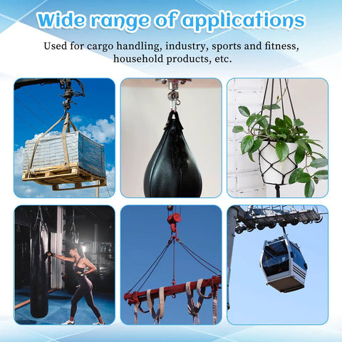 Collage showing various applications including cargo lifting, punching bag mounting, and plant hanging with wire ropes and shackles.