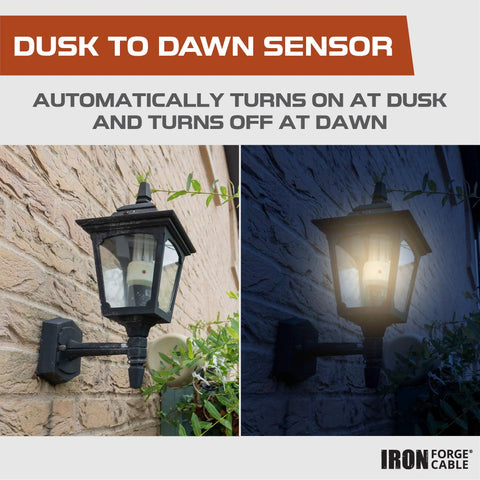 Wall-mounted light with dusk-to-dawn sensor showcasing 200 Watt Low Voltage Landscape Lighting Transformer With Dusk To Dawn Sensor And Countdown Timer Auto Mode 120V AC To 12V AC Outdoor Lighting All Weather.
