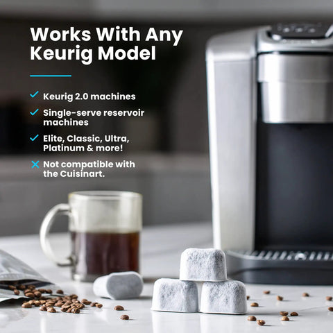 12 Pack Universal Replacement Filters For Coffee Machines Using K Cups fits Keurig, coffee maker in background