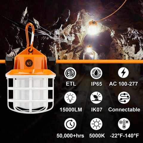 100Ft LED Construction String Lights 150W Industrial Grade With 15000LM 5000K Daylight IP65 in cave setting with icons