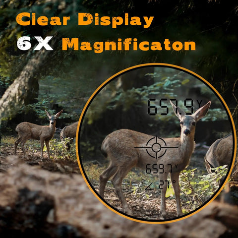 Deadly Accurate 1500 Yard Laser Rangefinder For Serious Hunters And Golfers Rechargeable Waterproof Scope With 6X Magnification And Slope Compensation In Camo showing a deer through the device's display.
