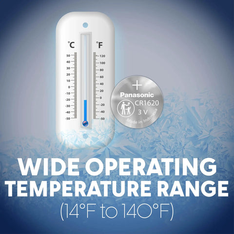 Top Tier CR1620 3V Lithium Coin Cell Batteries Packaged In Secure Child Proof Blister Packs, thermometer showing wide temperature range.