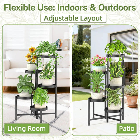 Premium 5 Tier Metal Corner Plant Stand For Indoor Outdoor Use, Adjustable Space Saving Corner Shelf, Quick Tool Free Assembly, Modern Black Finish showcased in living room and patio settings.