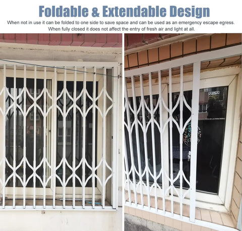 Heavy Duty Aluminum Window Security Bar With Foldable Push Pull Setup For Top Notch Indoor Outdoor Theft Prevention And Emergency Egress Built Like A Tank To Keep Your Place Dead Secure While Still Letting Sweet Fresh Air Flow Inside 24 By 40 Inches, shown in folded and extended positions.