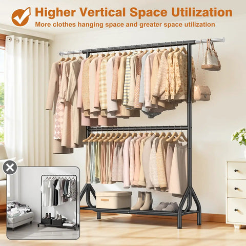 Built Like A Boss Double Rod Clothing Rack In Matte Black Steel, Handles Up To 622 Lbs Dead Flat With Zero Flex, tall garment rack with hanging clothes.