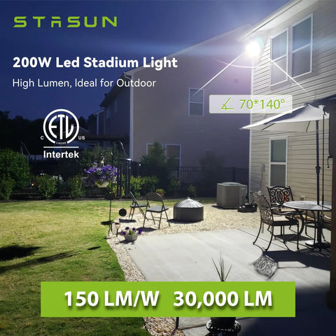 Hella Bright 150W LED Flood Light Outdoor With 13500 Lumens 330 Degree Wide Beam illuminating a backyard patio at night