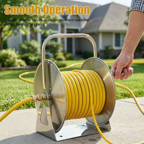 Heavy Duty Wall Mounted Hose Reel With Dual Wheel Smooth Winding And Ergonomic Crank in use with yellow hose outdoors