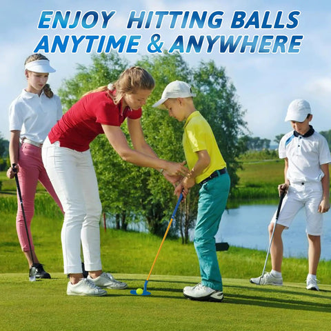 Kid Friendly Beginner Golf Club Set With Wood Iron And Putter, 3 Balls And Bag, used by kids learning golf with adult guidance on grass